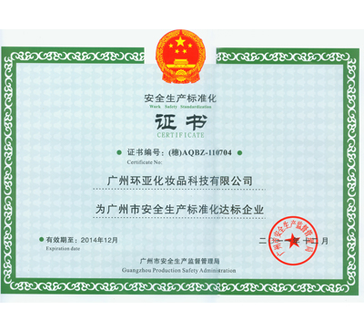 环亚获广州市安全生产标准化达标企业证书